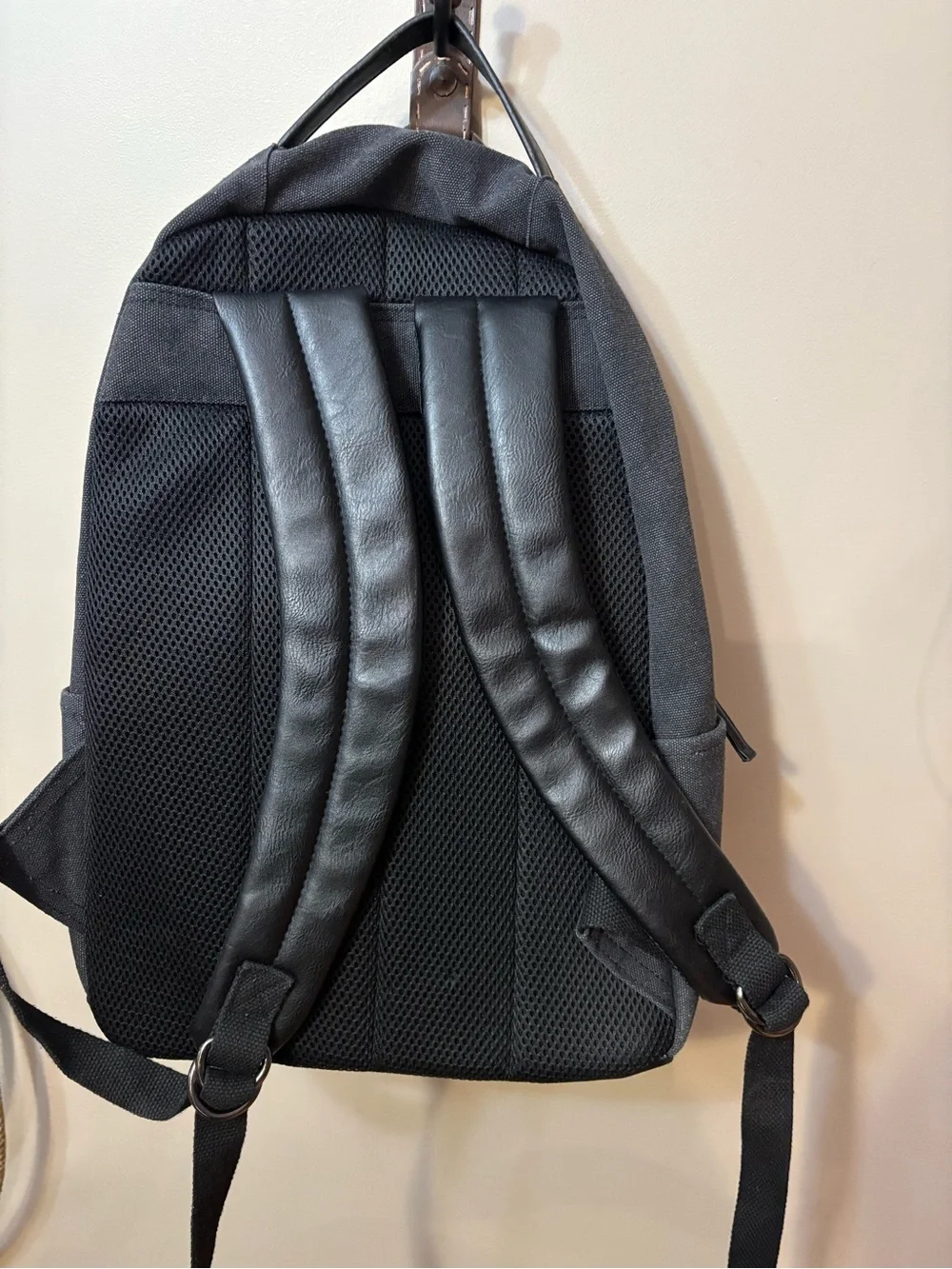 Men's Black Canvas & Faux Leather Backpack with Padded Laptop Sleeve